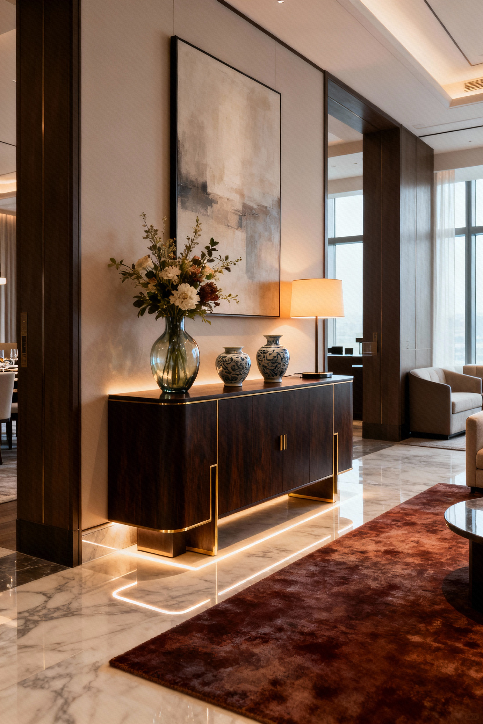 Luxury dining room transition featuring elegant dark wood console with gold accents, abstract art, and ambient lighting.