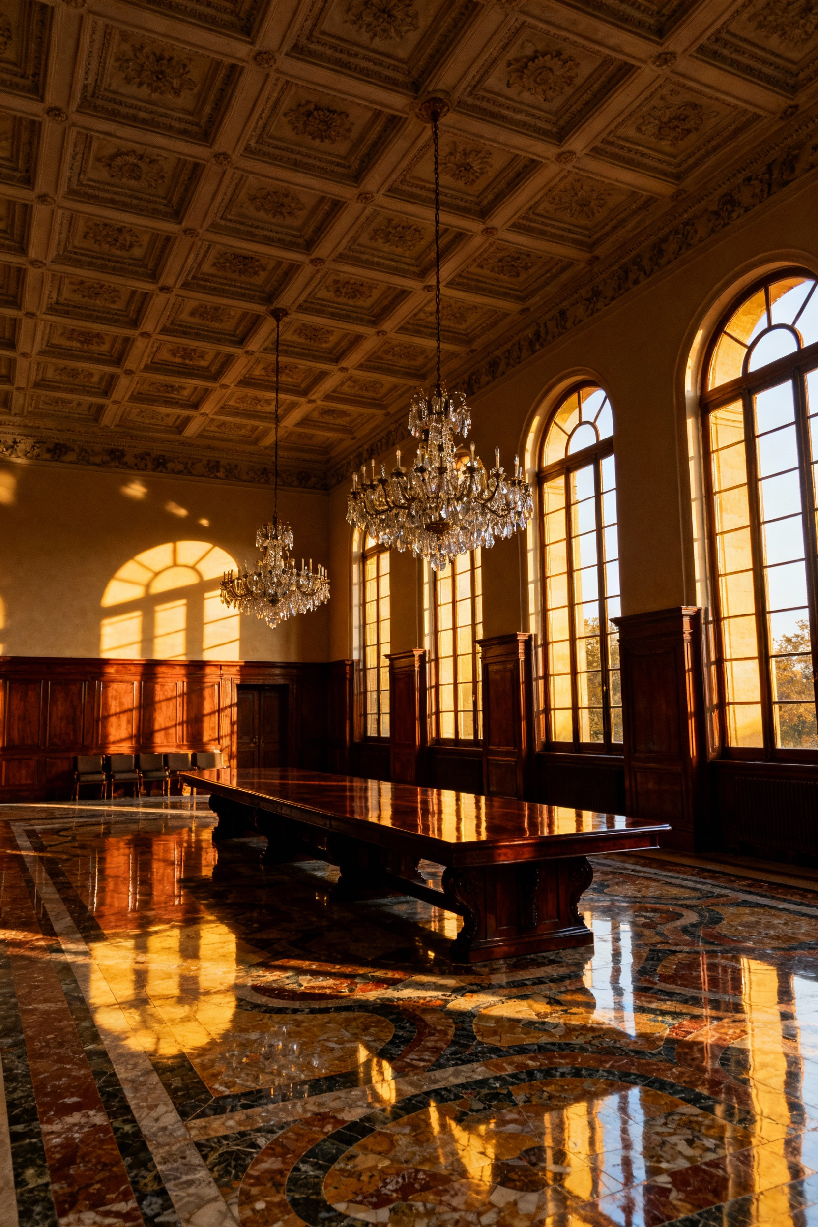 Opulent historical grand dining room with high ceilings, arched windows, chandeliers, and rich wood paneling.