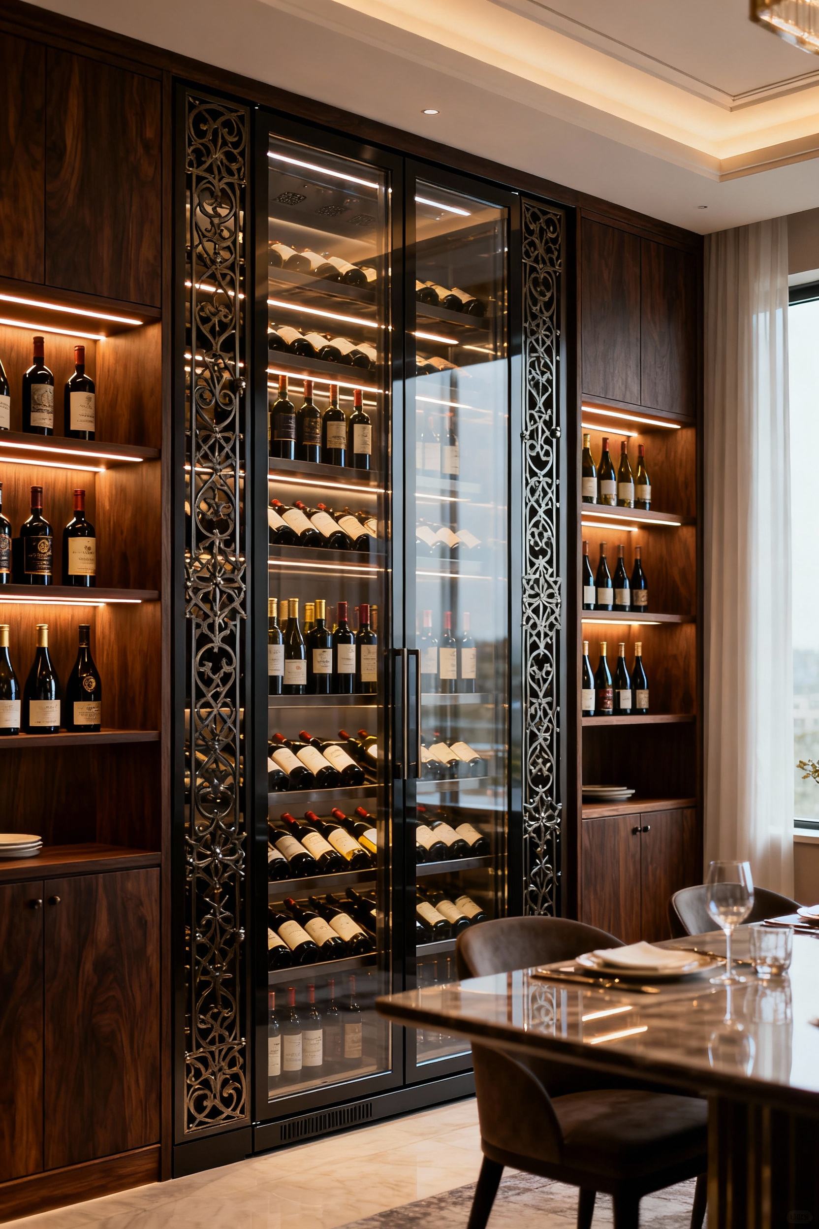 Custom luxury wine display in a sophisticated dining room with elegant lighting and diverse collection.