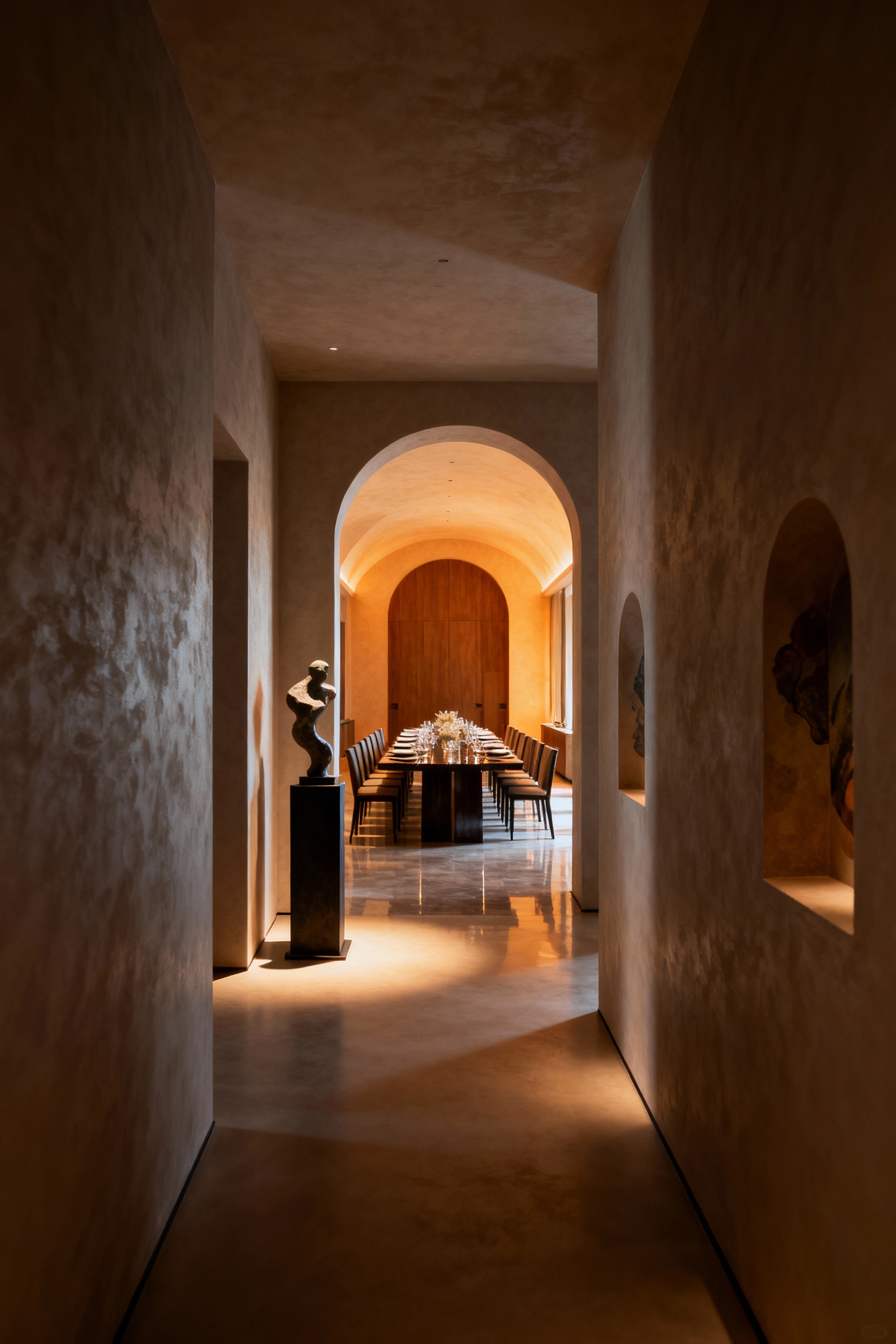 Luxurious transitional corridor opening to a grand dining room with an elegantly set table, emphasizing spatial journey and anticipation.