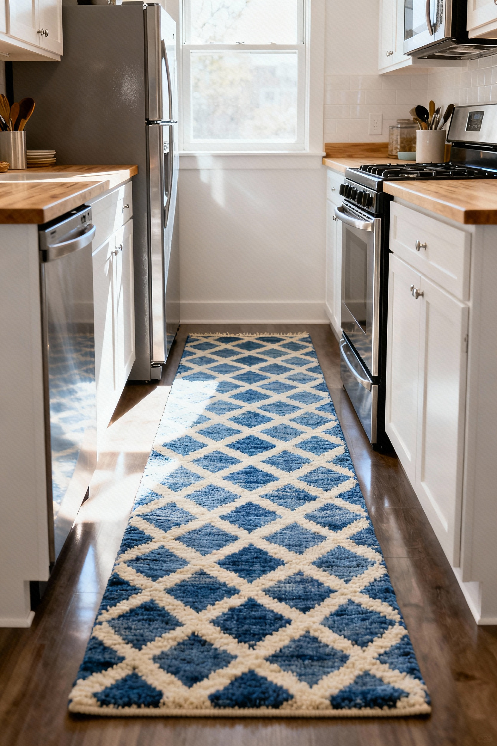 Blue and cream geometric runner rug defining the path in a bright galley kitchen with white cabinetry and wood countertops.