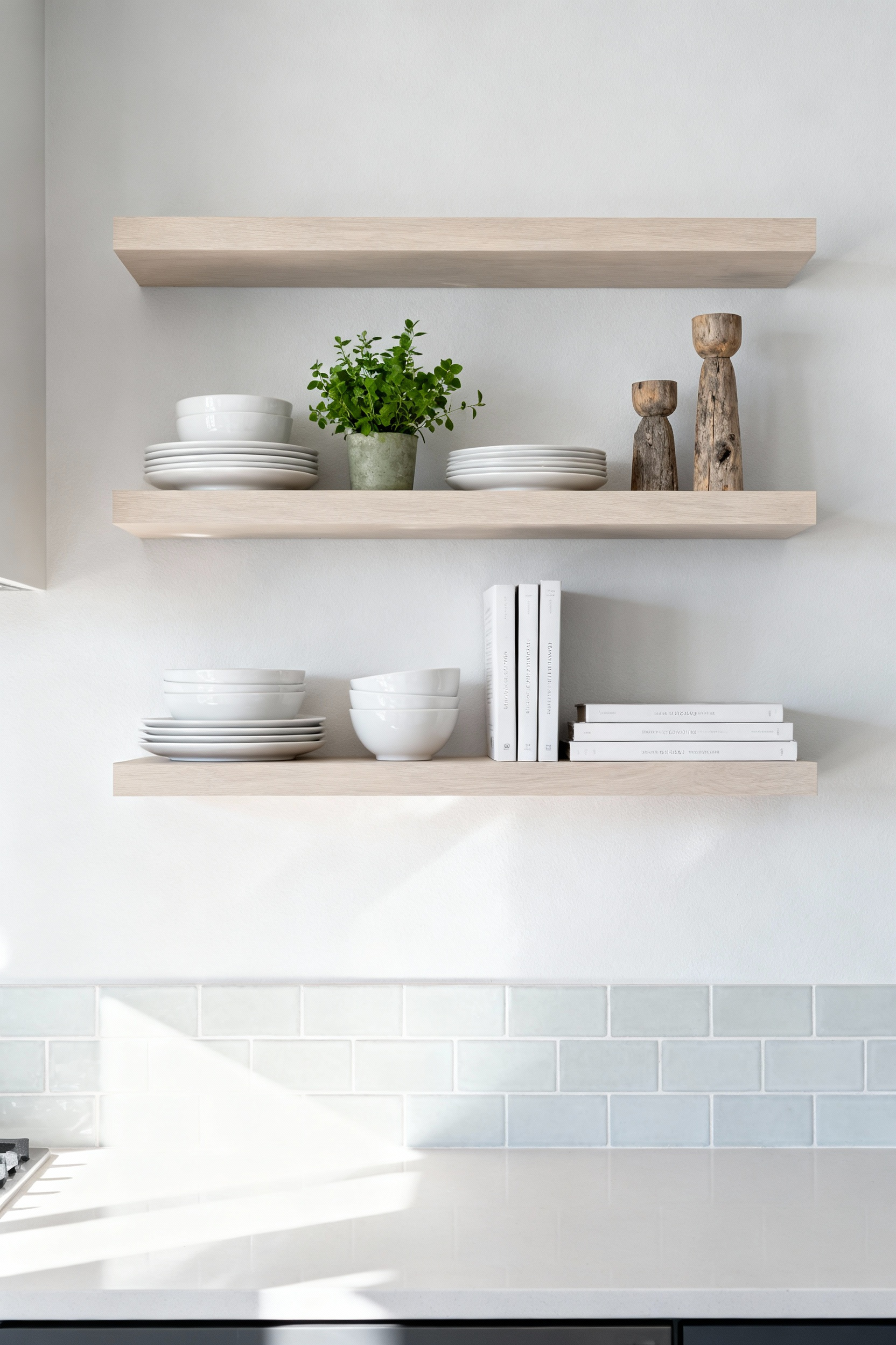 Bright kitchen with open shelving displaying white dishes, a potted plant, and cookbooks, maximizing vertical storage.