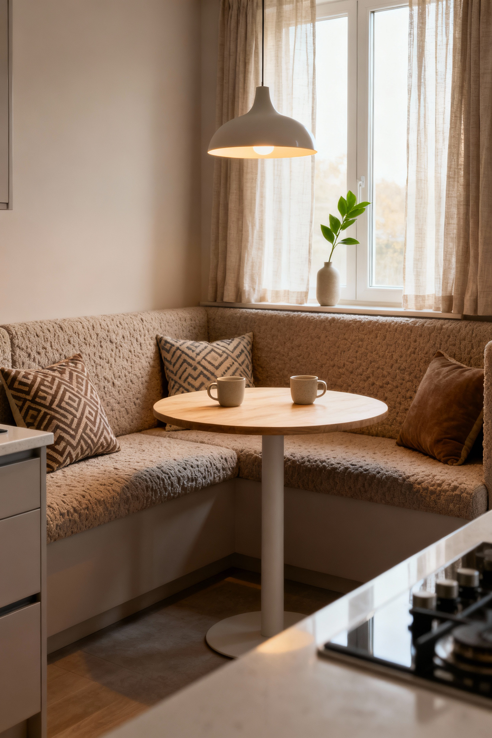 L-shaped breakfast nook with upholstered banquette seating, decorative pillows, a round wooden table, and pendant lighting.