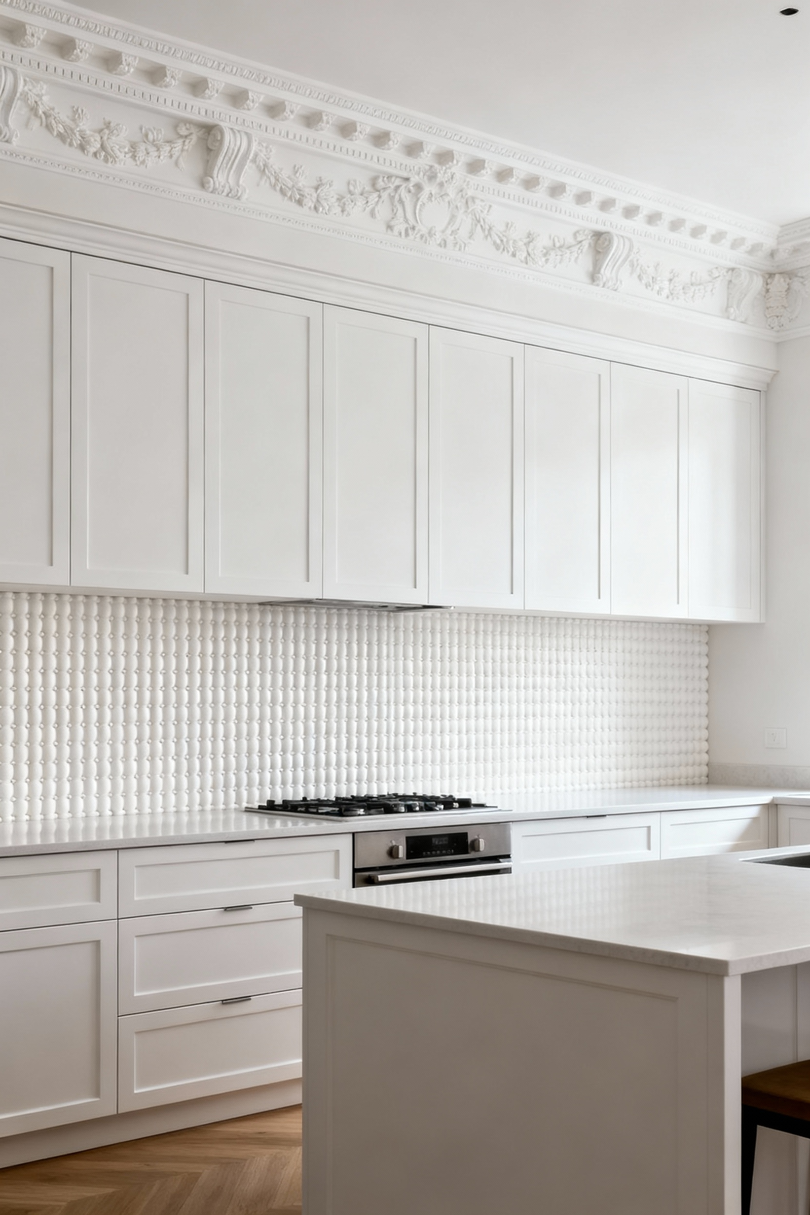 White kitchen featuring crown molding on upper cabinets and beaded paneling on the island for added texture.