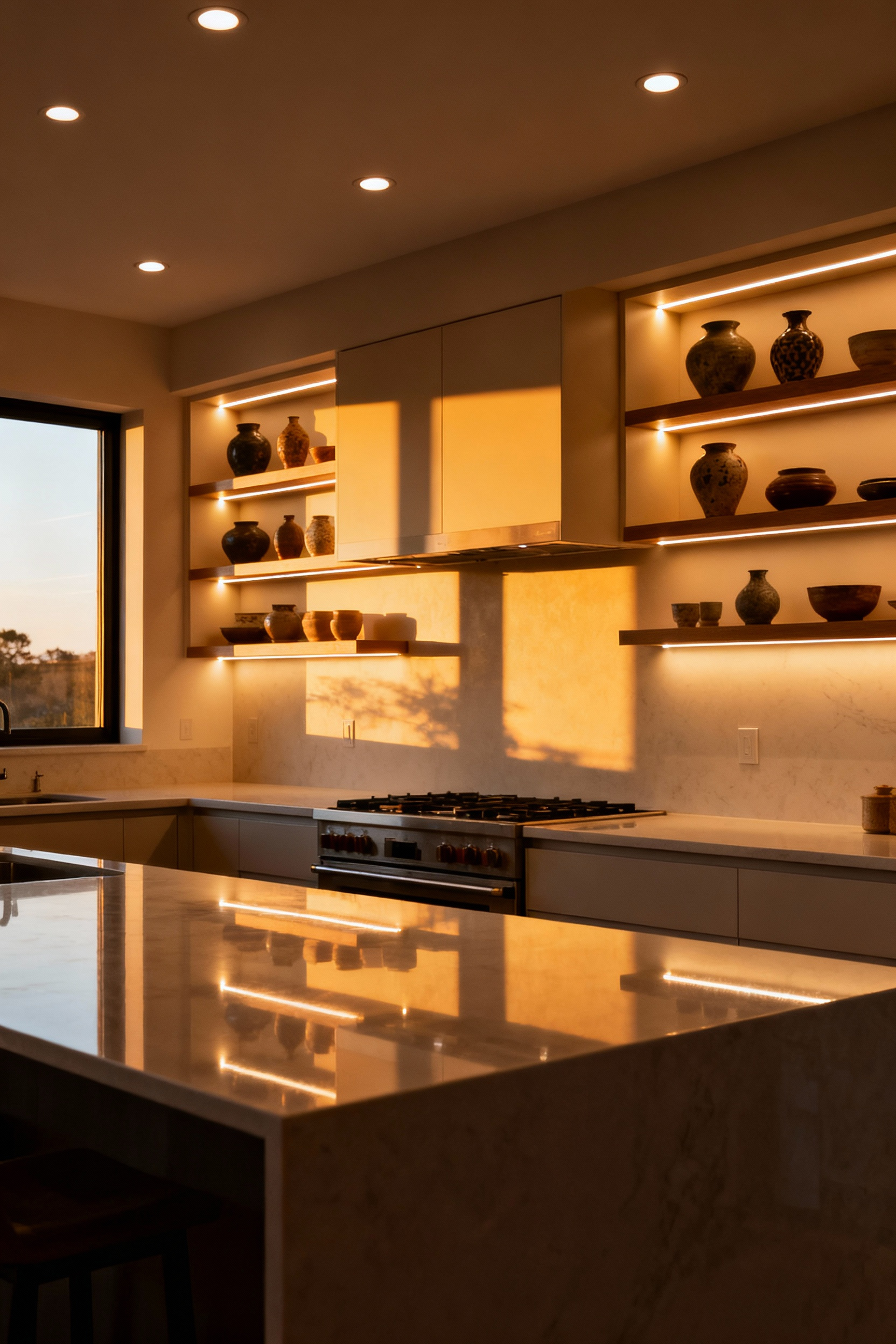 Kitchen showcasing layered lighting with recessed ambient lights, under-cabinet task lights, and accent lights on shelves.