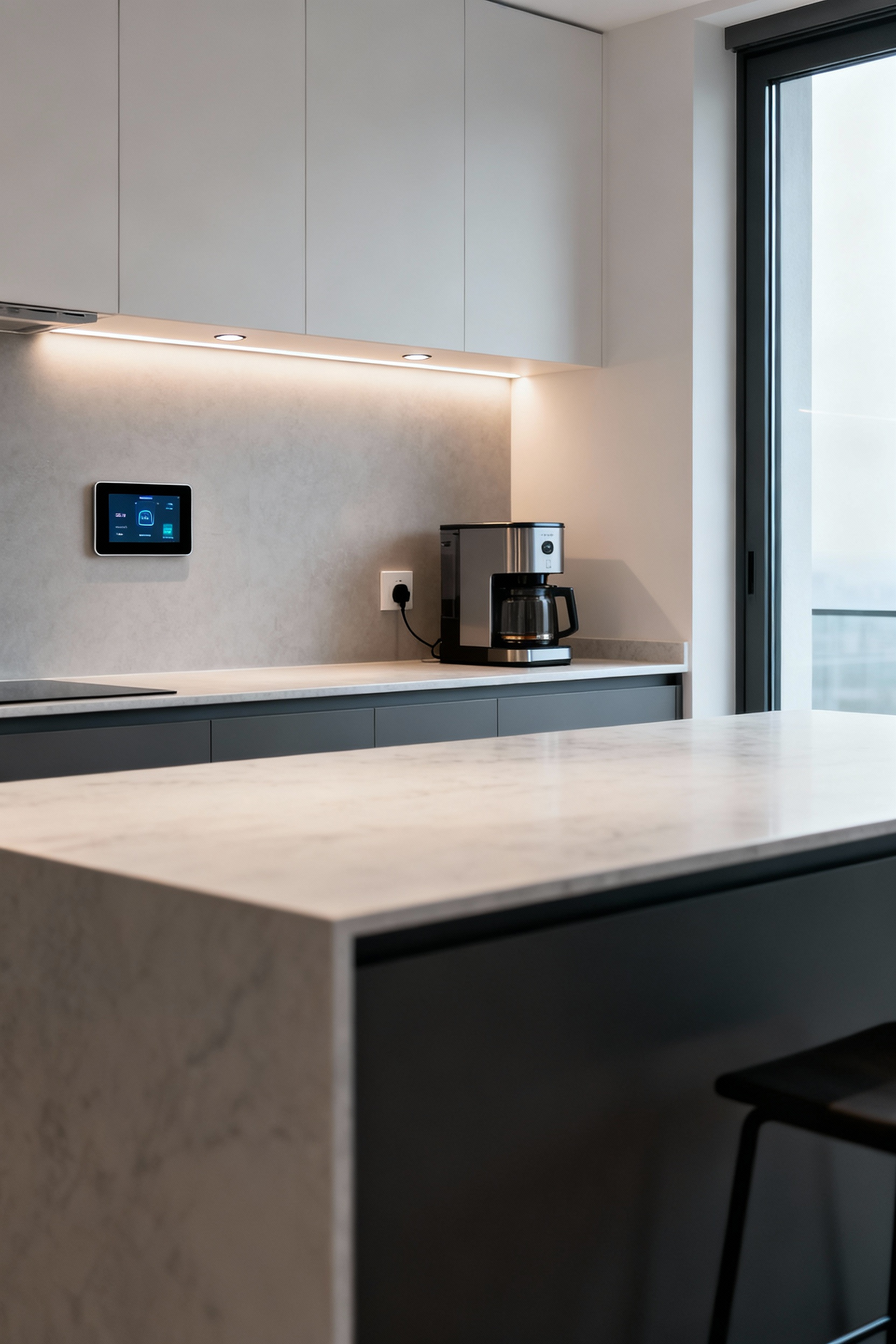 Sleek kitchen integrating smart lighting and appliances for enhanced efficiency and modern aesthetics.