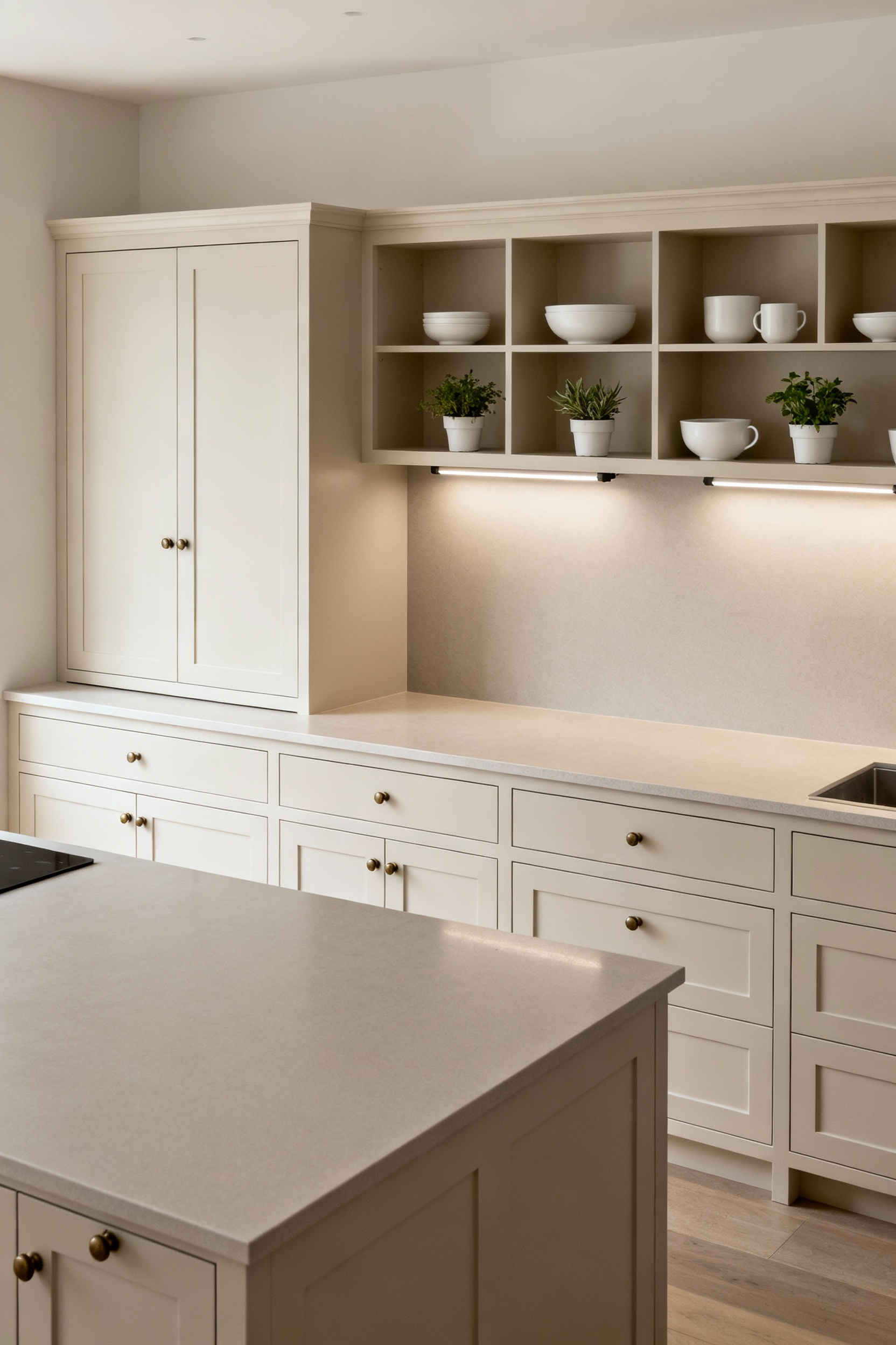 Kitchen featuring neutral cabinetry, movable island, open shelving, and adaptable lighting designed for future updates.