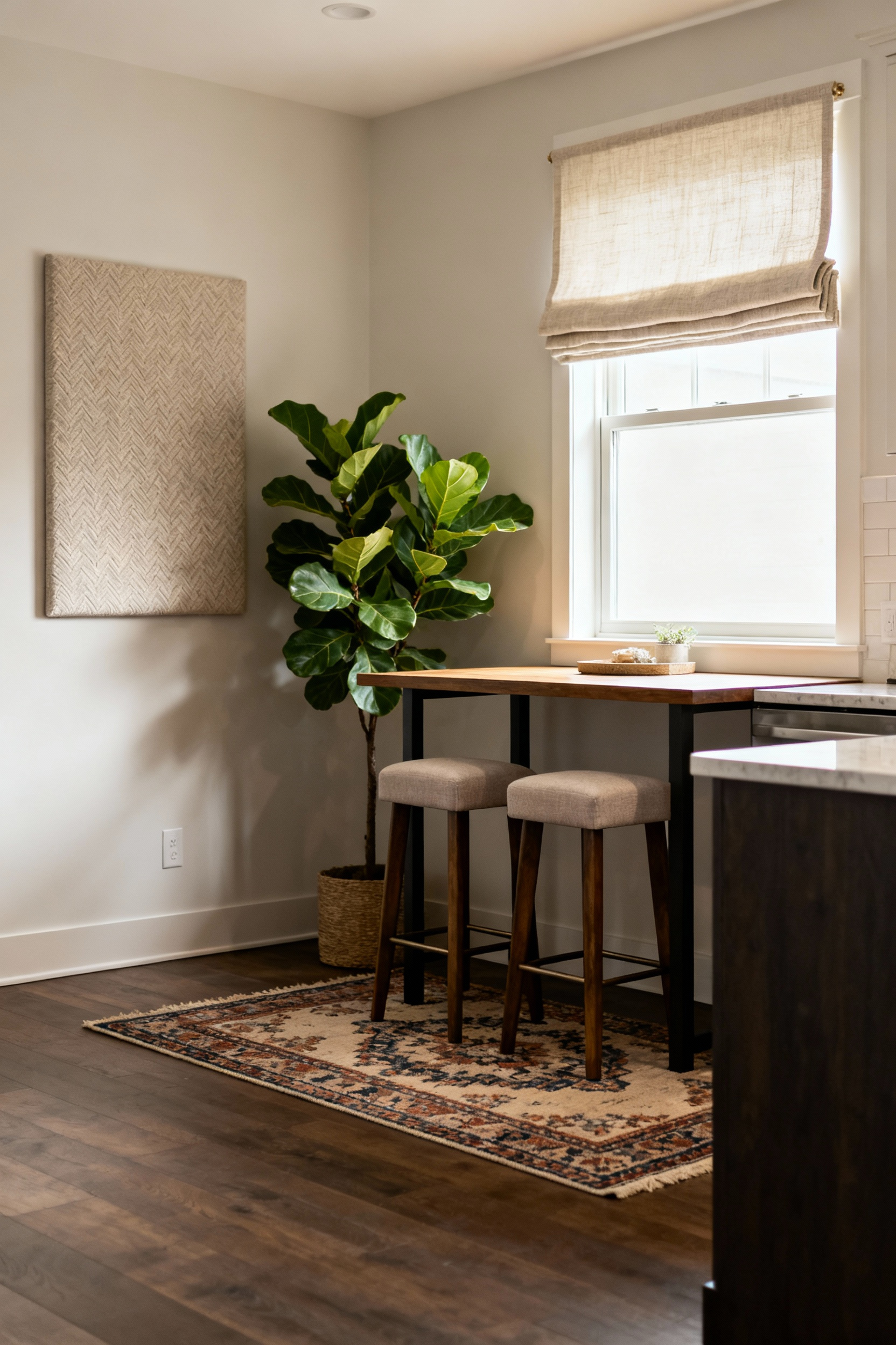 Cozy kitchen nook with area rug, upholstered chairs, linen Roman shades, and a large plant, designed for acoustic comfort.