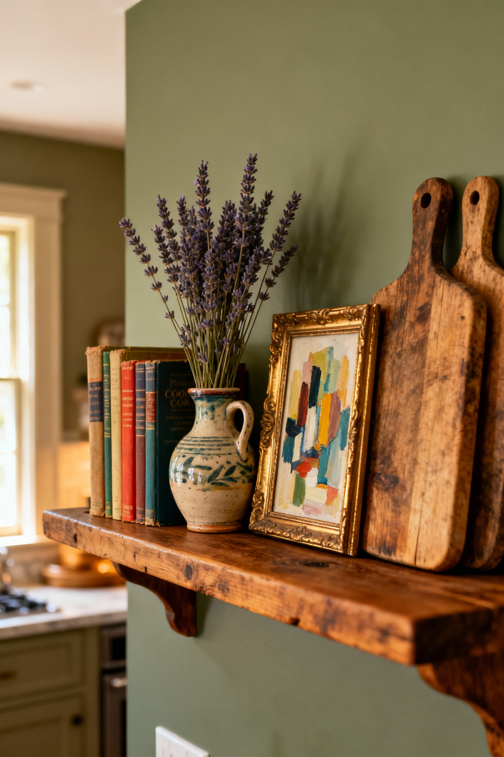 Rustic wooden kitchen shelf adorned with vintage cookbooks, ceramic vase with lavender, framed abstract art, and decorative cutting boards.