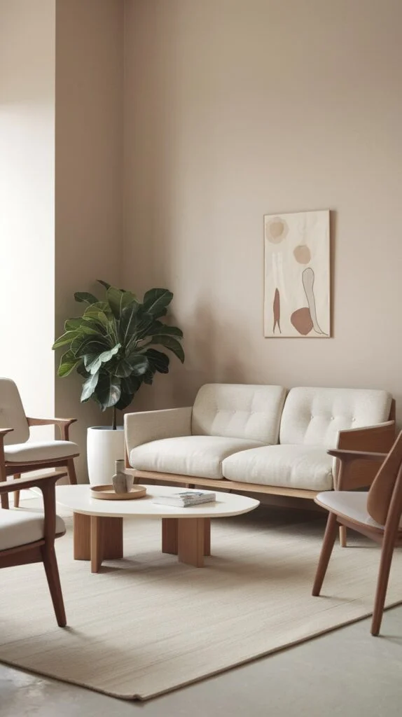 Japandi living room with curved sofa and round wooden coffee table