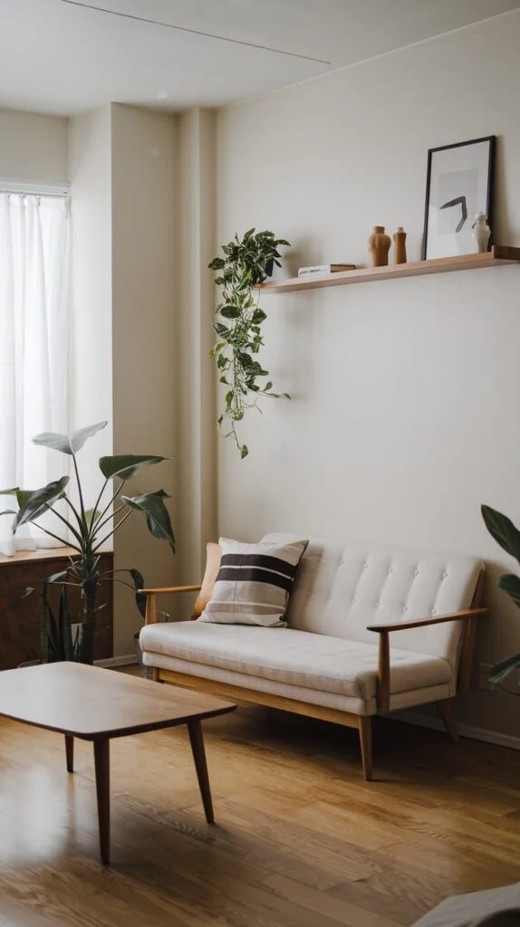 Japandi living room with floating shelves and trailing plants