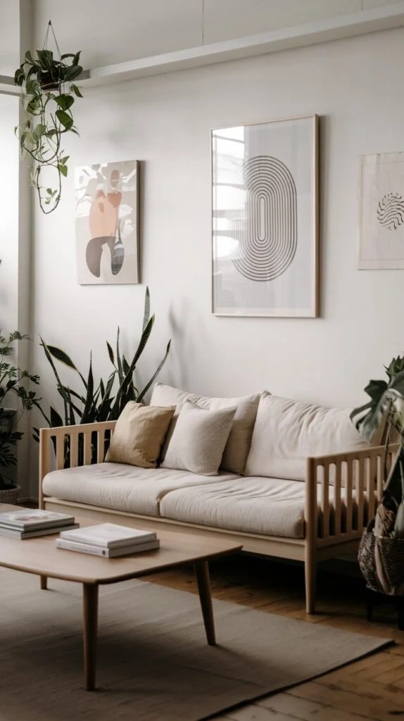 Japandi sofa with slatted wood back and natural decor