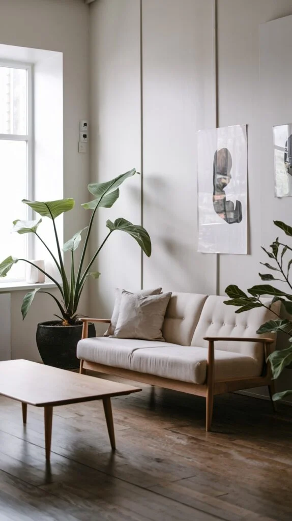 Japandi living room with vertical wall paneling