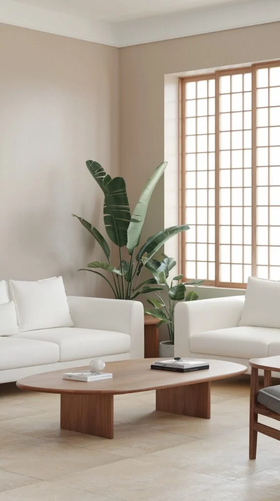 Japandi living room with white sofas and wooden coffee table