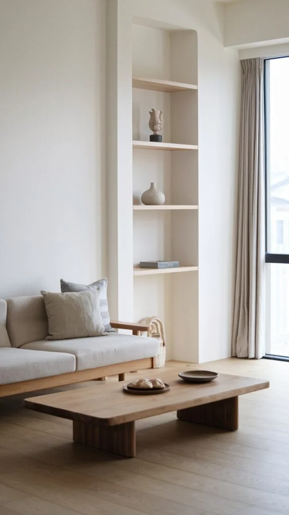 Japandi living room with built-in shelves