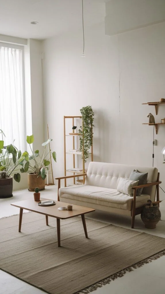 Japandi living room with various wooden storage options