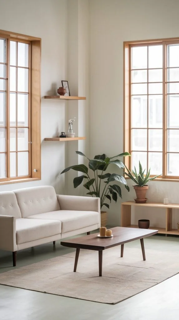 Japandi living room with wooden window frames