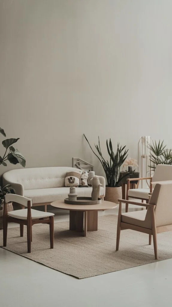 Japandi living room filled with greenery