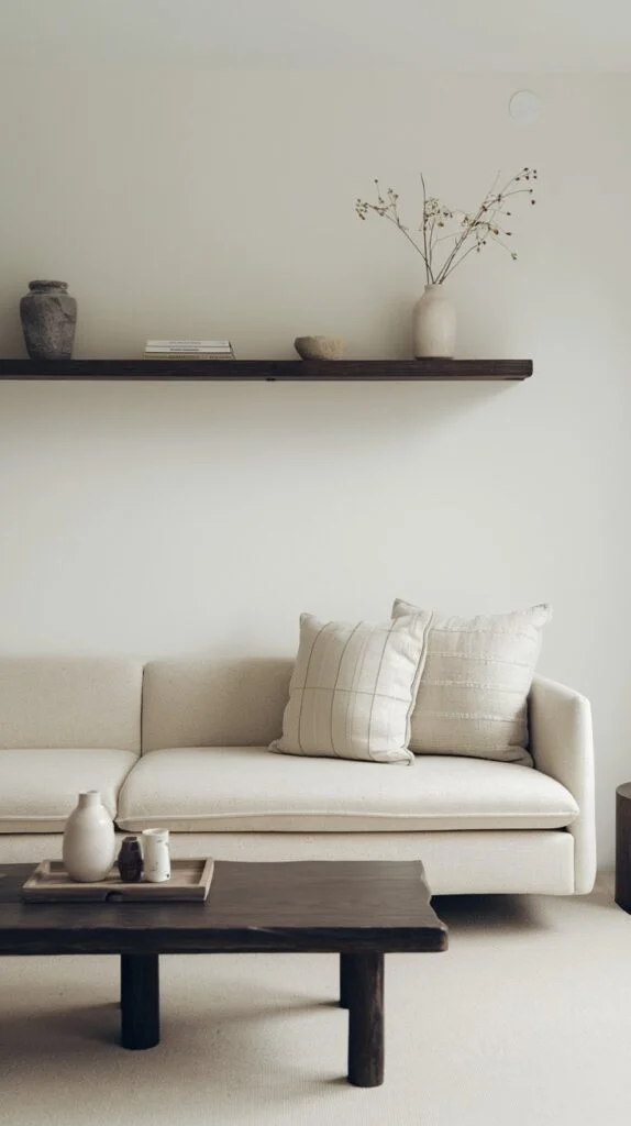 Japandi living room with dark wood accents