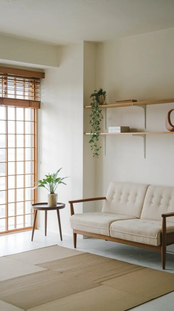 Japandi living room with tatami mats and wooden blinds