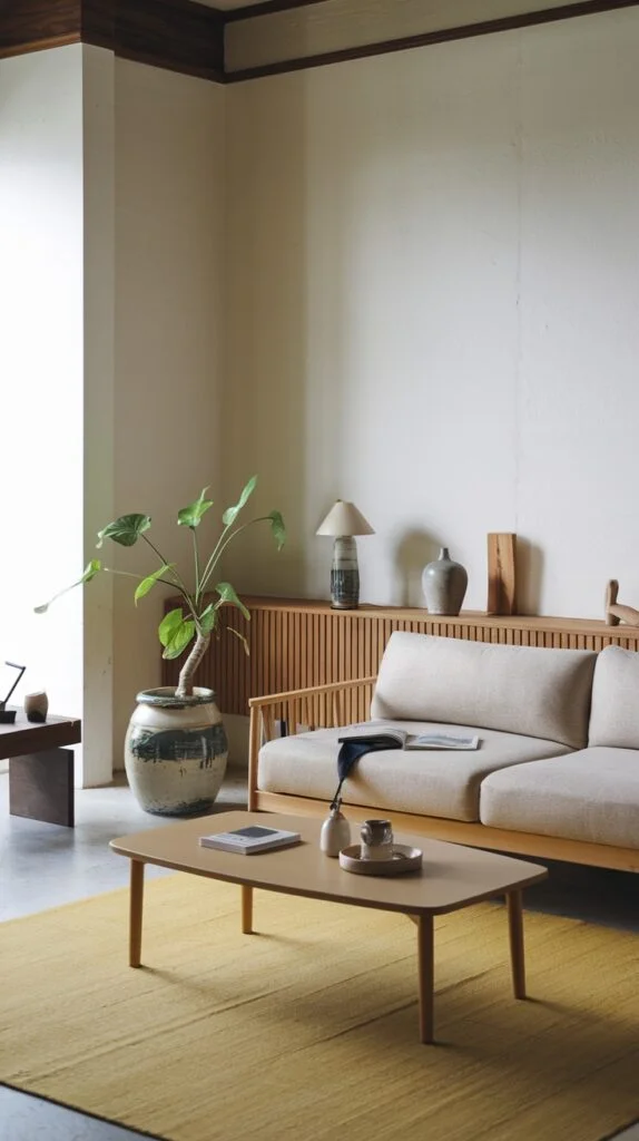 Japandi living room with warm earthy rug