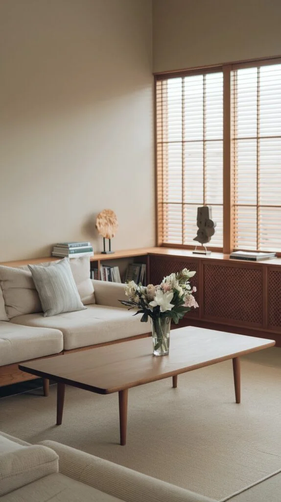Japandi living room with fresh flowers on coffee table