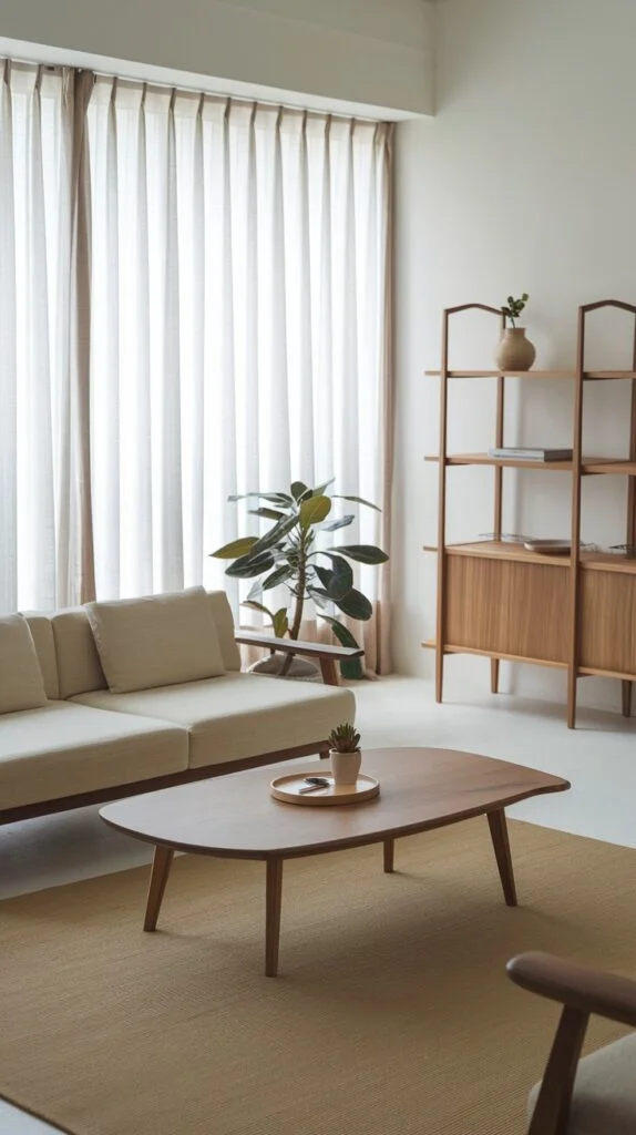 Japandi living room with freestanding wooden shelves