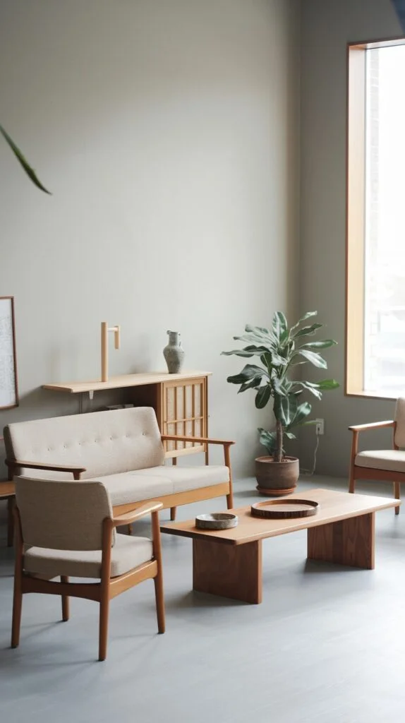 Japandi living room with matching wooden furniture frames