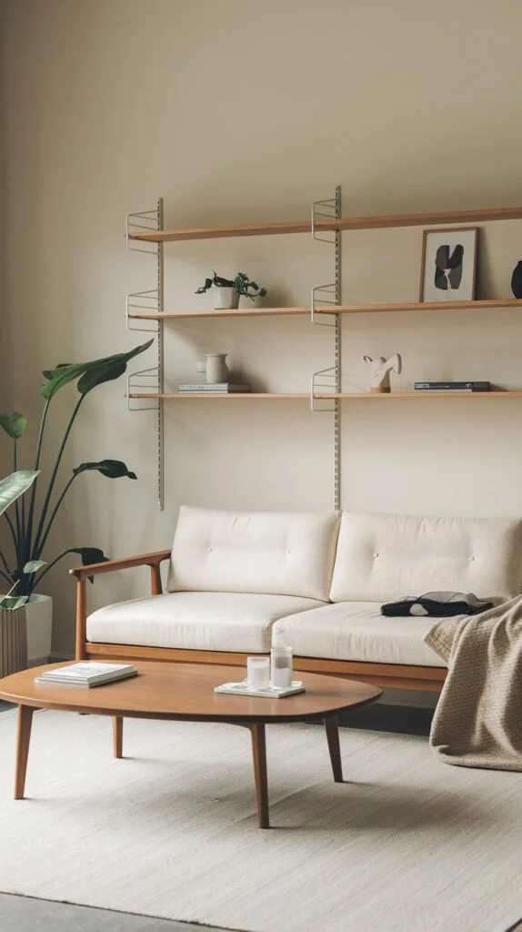 Japandi living room with modular wall shelving