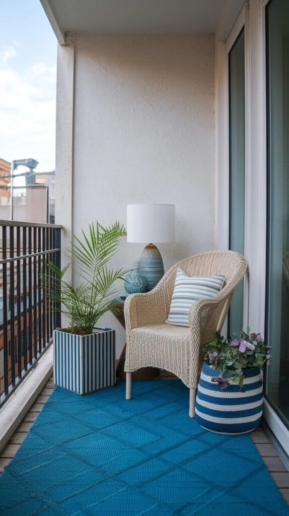 Small balcony with light wicker chair, blue outdoor rug, and striped planters creating a vibrant yet cozy space.