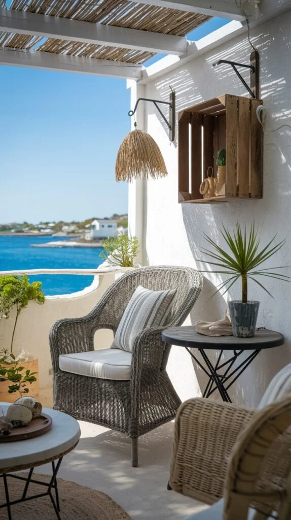 Small balcony overlooking the sea with gray wicker chair, round table, and straw hanging light fixture.