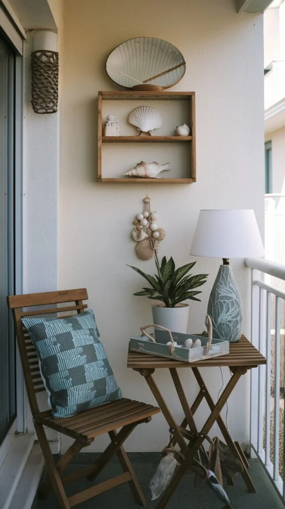 Small balcony with wooden folding chair and table, decorated with coastal-themed items like seashells on a shelf and a plant.