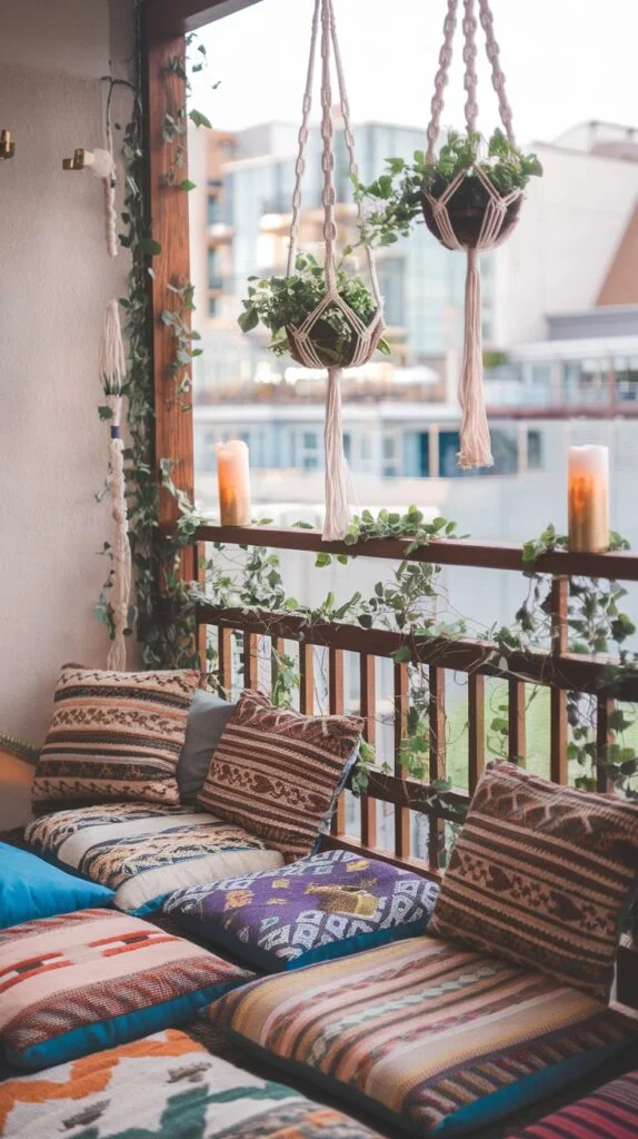 Small balcony with patterned floor cushions, string lights, and hanging plants.