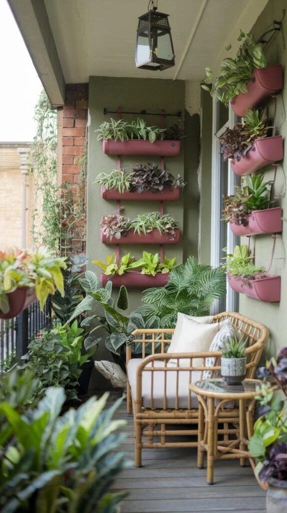 Small balcony with wall-mounted planters, wicker chair, and glass-top table.