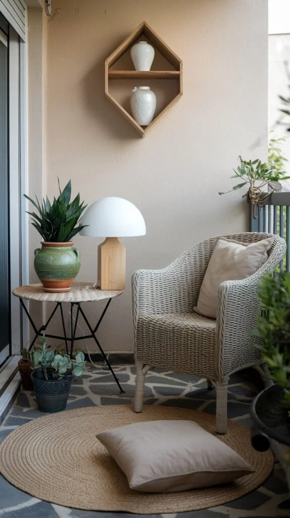 Small balcony with white wicker chair, round rug, folding table with lamp and plant.