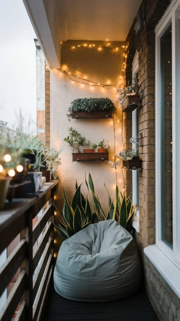 Small balcony with large bean bag chair, wall-mounted planters, and string lights.