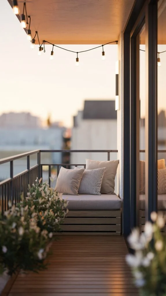 Small balcony with built-in bench seating, neutral cushions, string lights, and flowering plants.