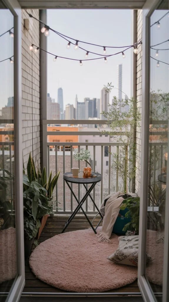 Small balcony with round pink rug, black folding table, string lights, and city view.