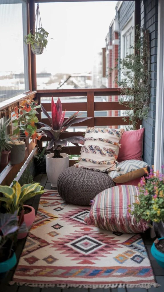 Small balcony with colorful floor cushions, patterned rug, and multiple potted plants.