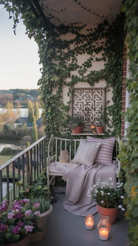 Small balcony covered in ivy with white bench, cushions, throw, and lanterns.
