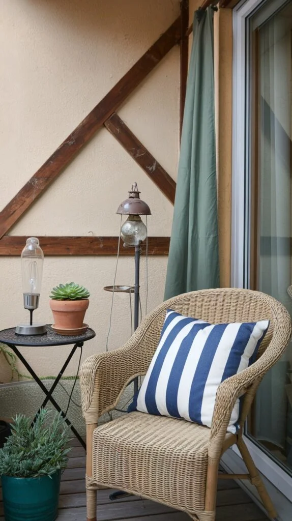 Small balcony with rattan chair, striped pillow, black table with plant, and decorative lamps.