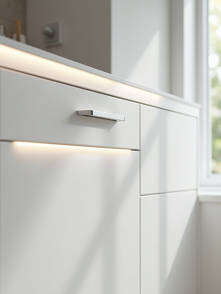 Close-up of sleek, handle-less white kitchen cabinets with integrated J-pull profiles and seamless surfaces, showcasing modern contemporary kitchen design.