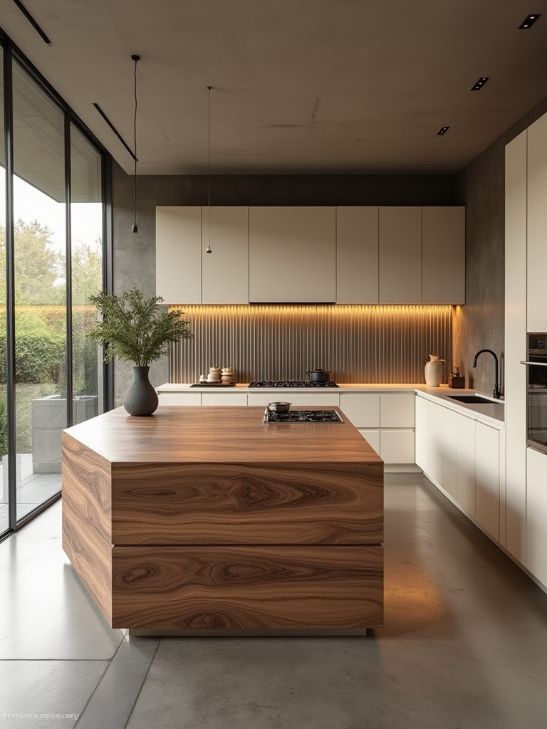 Contemporary kitchen with reeded walnut island, matte off-white cabinets, fluted metal backsplash, and honed concrete floors, showcasing varied textured finishes for depth and visual interest.