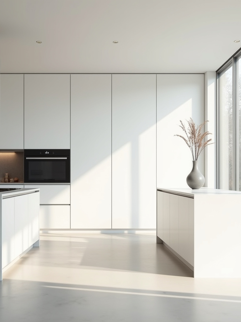 Contemporary minimalist kitchen with white handleless cabinets, a light quartz island, integrated appliances, and a single ceramic vase as decor, bathed in natural light.