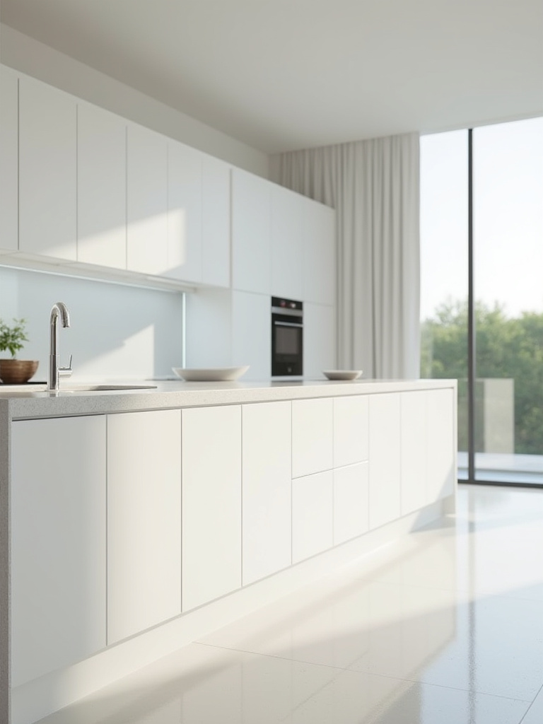 Contemporary kitchen with perfectly installed white frameless cabinetry and seamlessly integrated, panel-ready appliances.