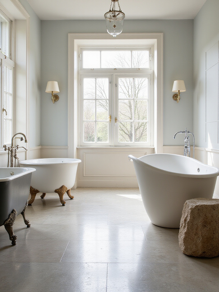 Collection of bathtubs made from different materials, including cast iron, solid surface, acrylic, and natural stone, displayed in a bright showroom.
