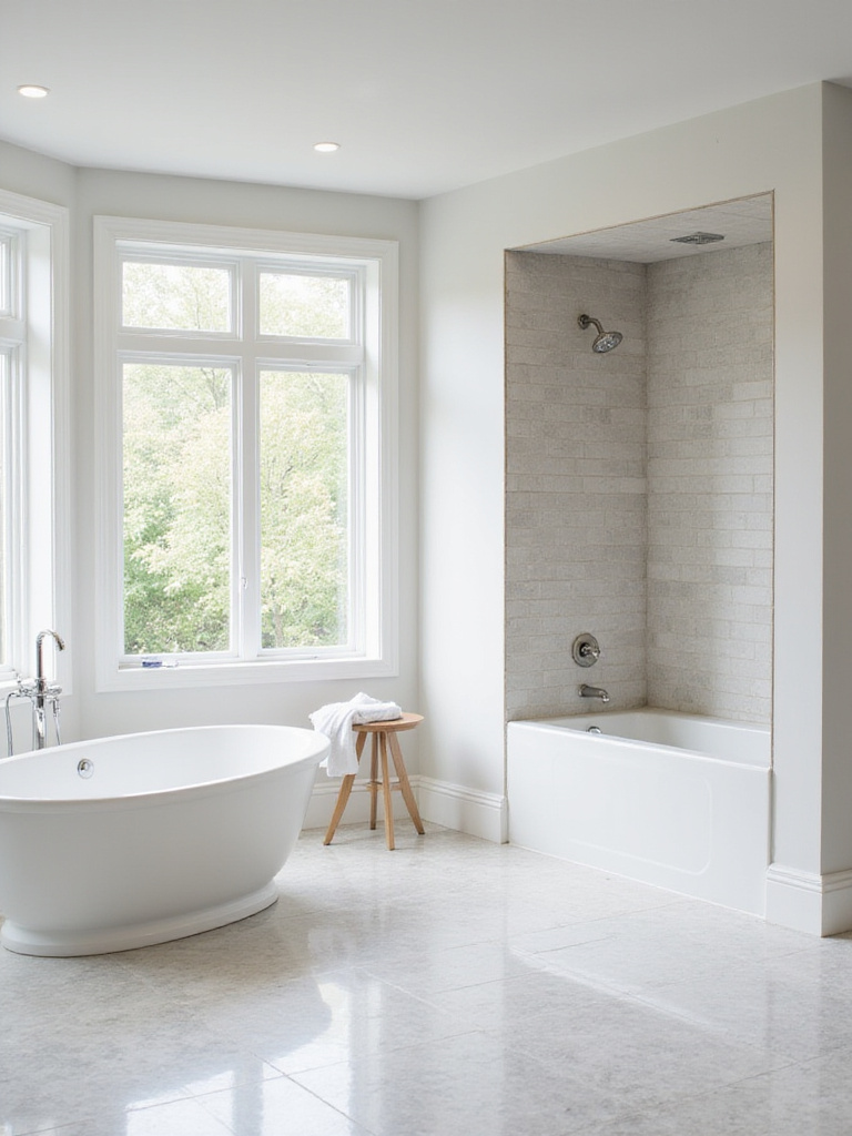 Comparison of a modern white freestanding bathtub and a standard white alcove bathtub in separate bathroom settings, illustrating their different installation styles.