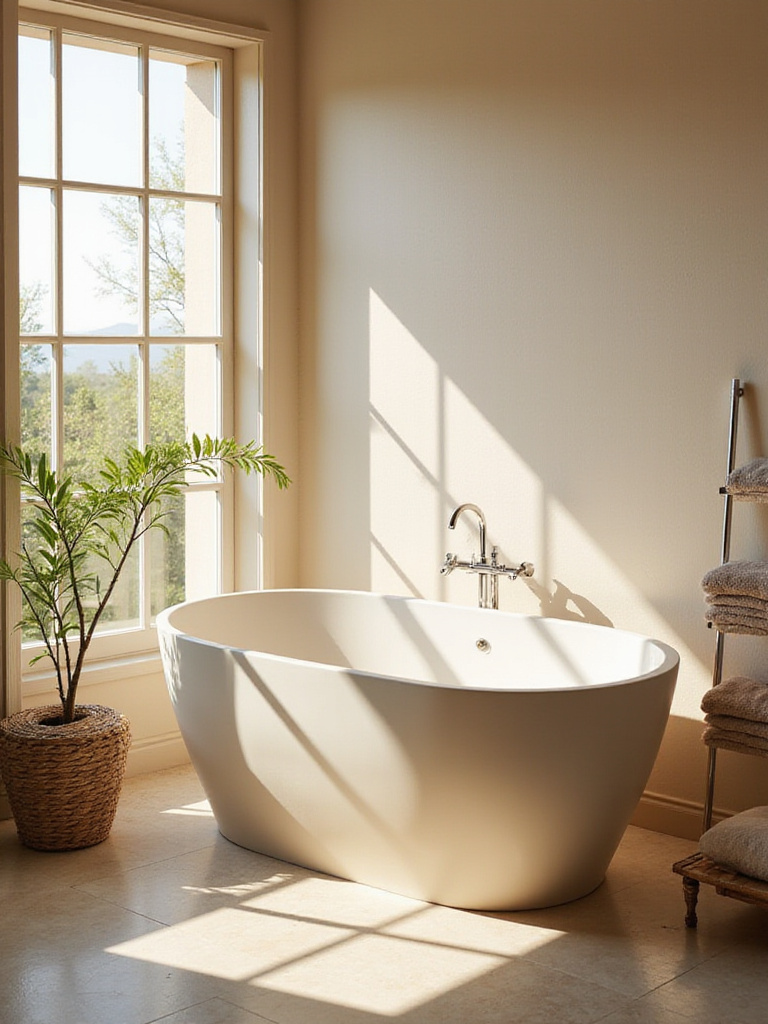 A luxurious bathroom with a deep, freestanding soaking tub under soft natural light, designed for ultimate relaxation.