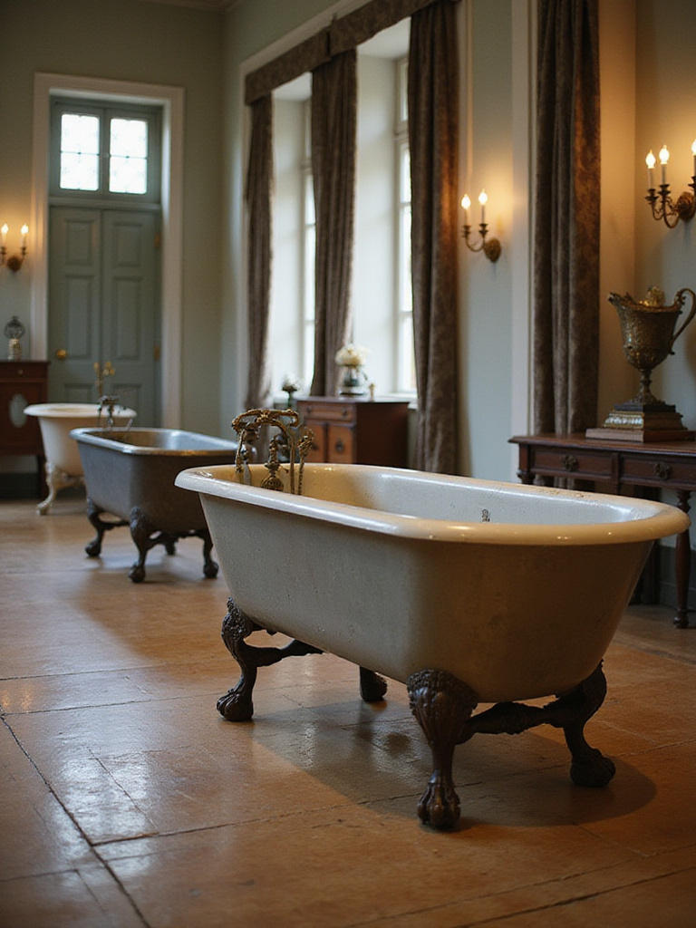A historical display showing the evolution of clawfoot bathtubs, featuring different styles and materials from various eras.