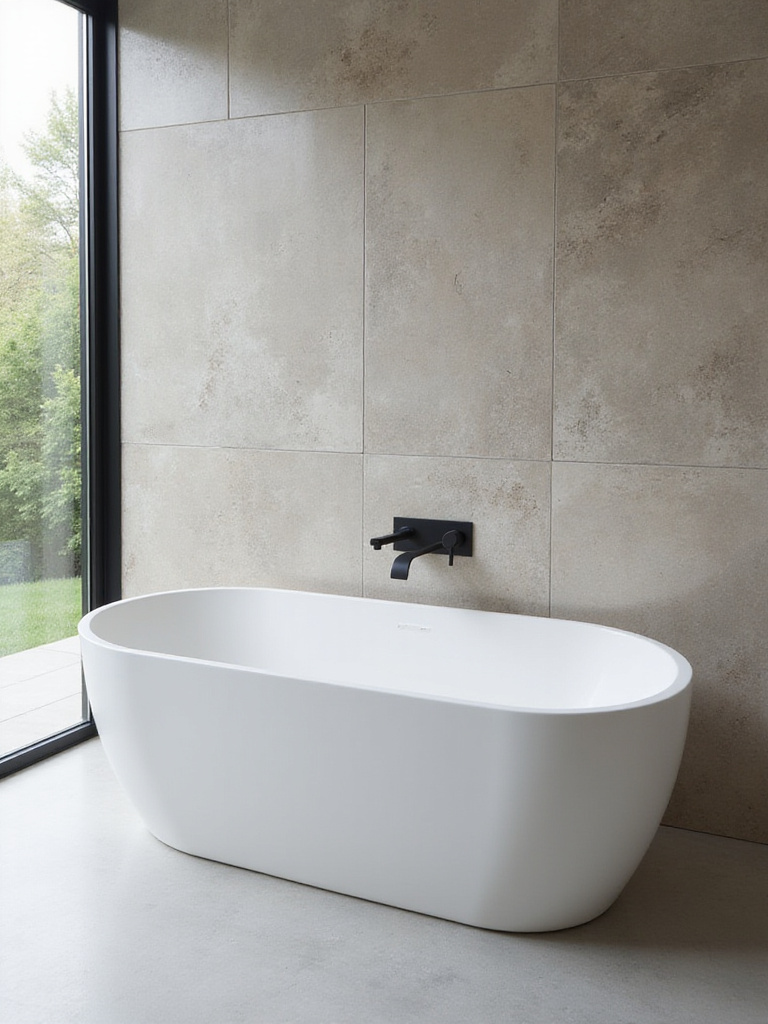 A modern bathroom featuring a white freestanding solid surface bathtub on a concrete floor with a stone tile accent wall.